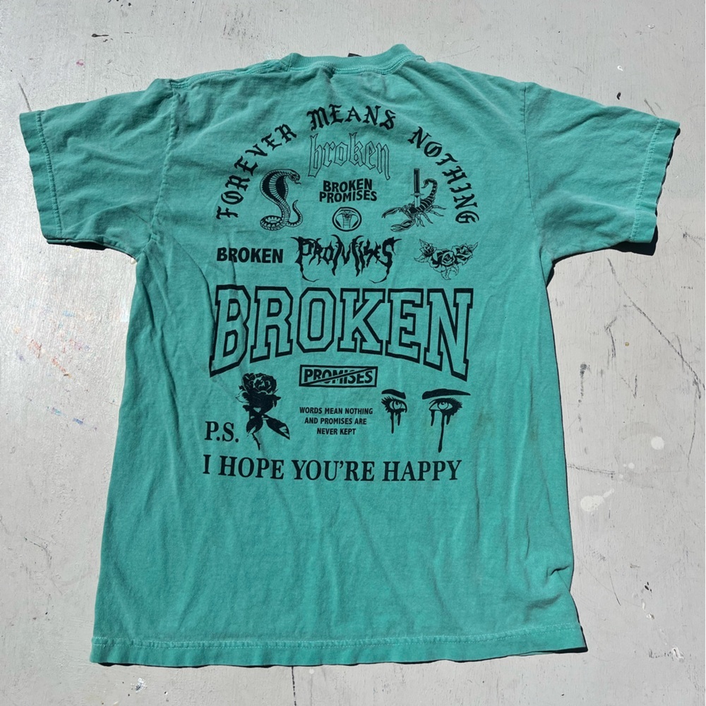 Men's Broken‎ Promises T-Shirt Green Spell-Out M Streetwear Art Cartoon City Hip